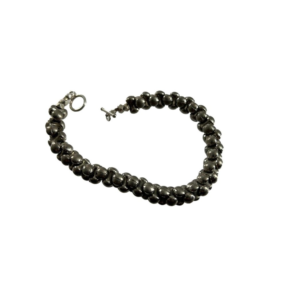 Silver Tone Bracelet Barbell Shaped Beads 8" Long Toggle Closure Unbranded